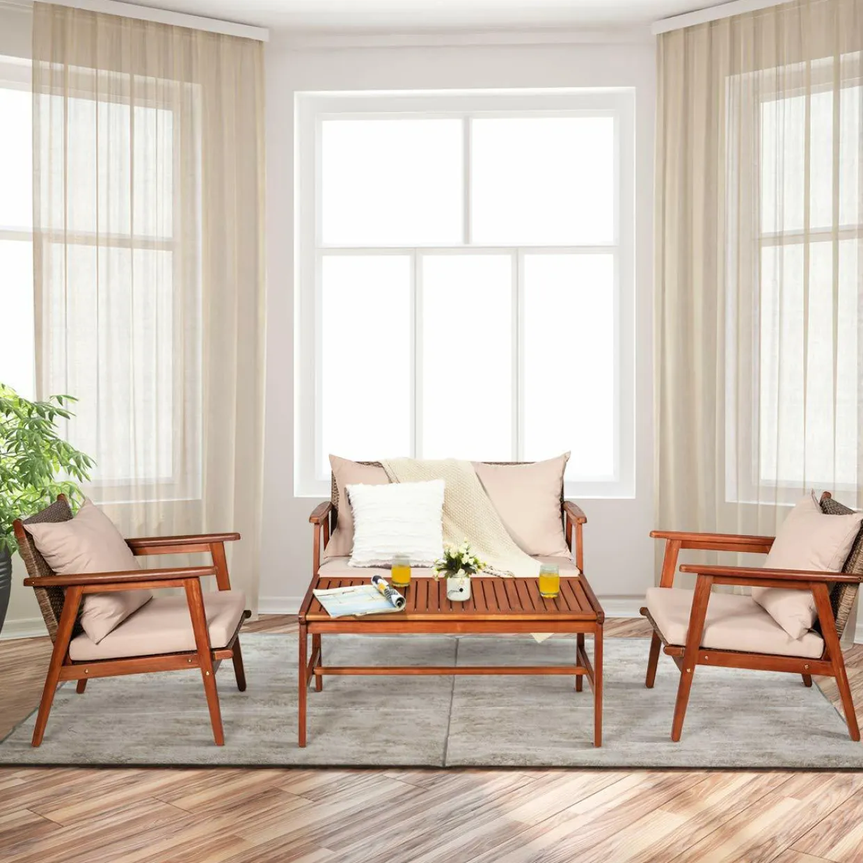 4/8PCS Patio Wood Sofa Set, Outdoor Acacia Wood Seating Chat Set with Cushions & Coffee Table