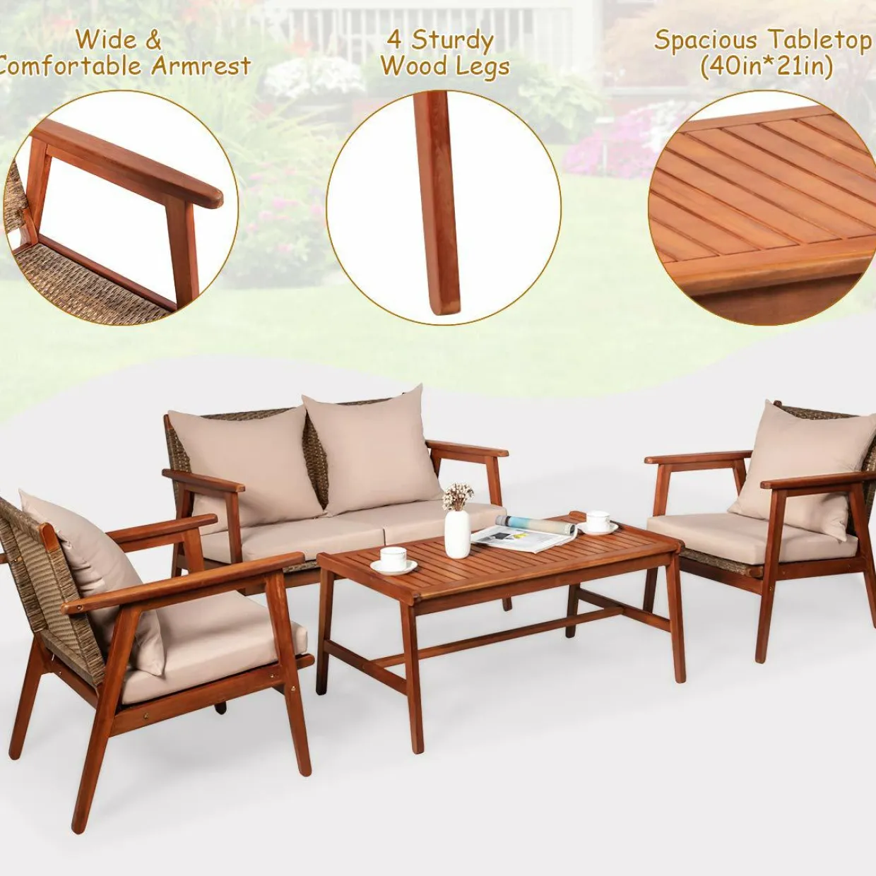 4/8PCS Patio Wood Sofa Set, Outdoor Acacia Wood Seating Chat Set with Cushions & Coffee Table