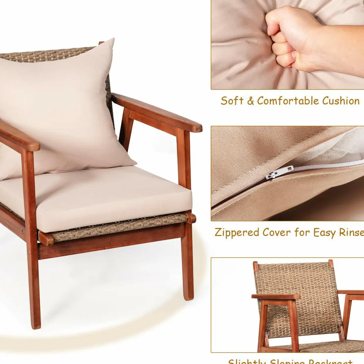 4/8PCS Patio Wood Sofa Set, Outdoor Acacia Wood Seating Chat Set with Cushions & Coffee Table