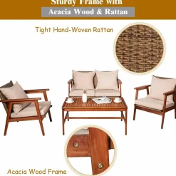 4/8PCS Patio Wood Sofa Set, Outdoor Acacia Wood Seating Chat Set with Cushions & Coffee Table