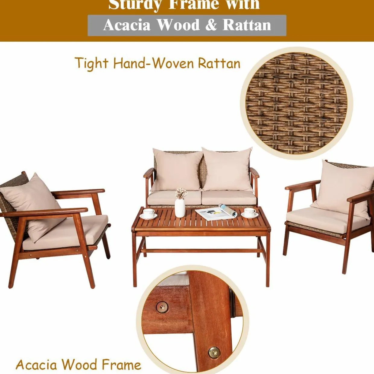 4/8PCS Patio Wood Sofa Set, Outdoor Acacia Wood Seating Chat Set with Cushions & Coffee Table