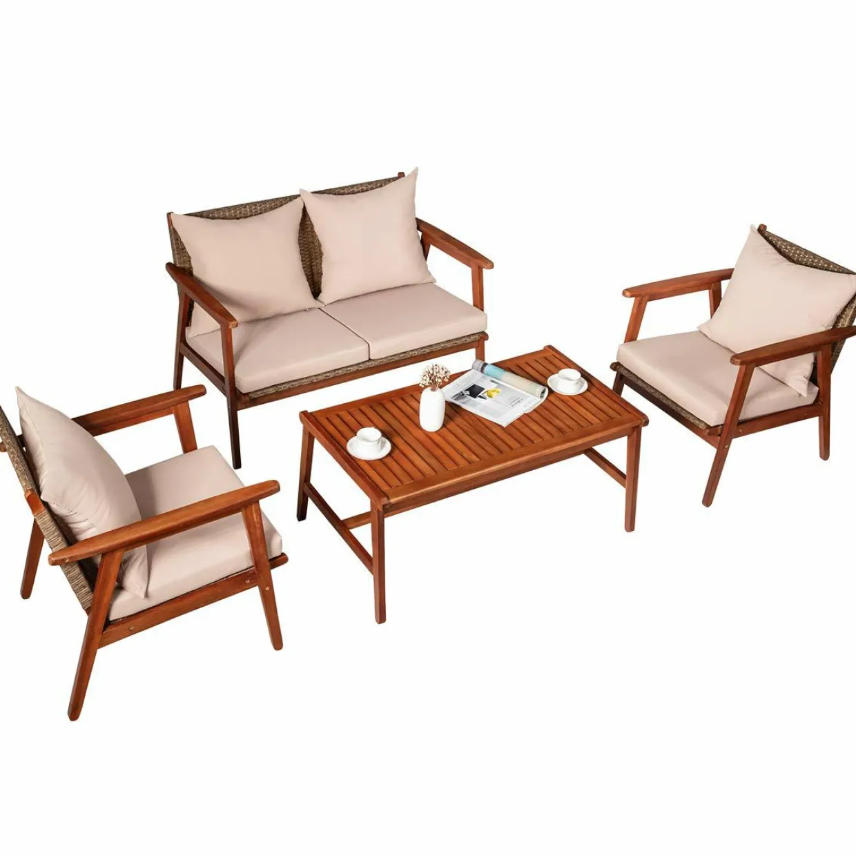 4/8PCS Patio Wood Sofa Set, Outdoor Acacia Wood Seating Chat Set with Cushions & Coffee Table