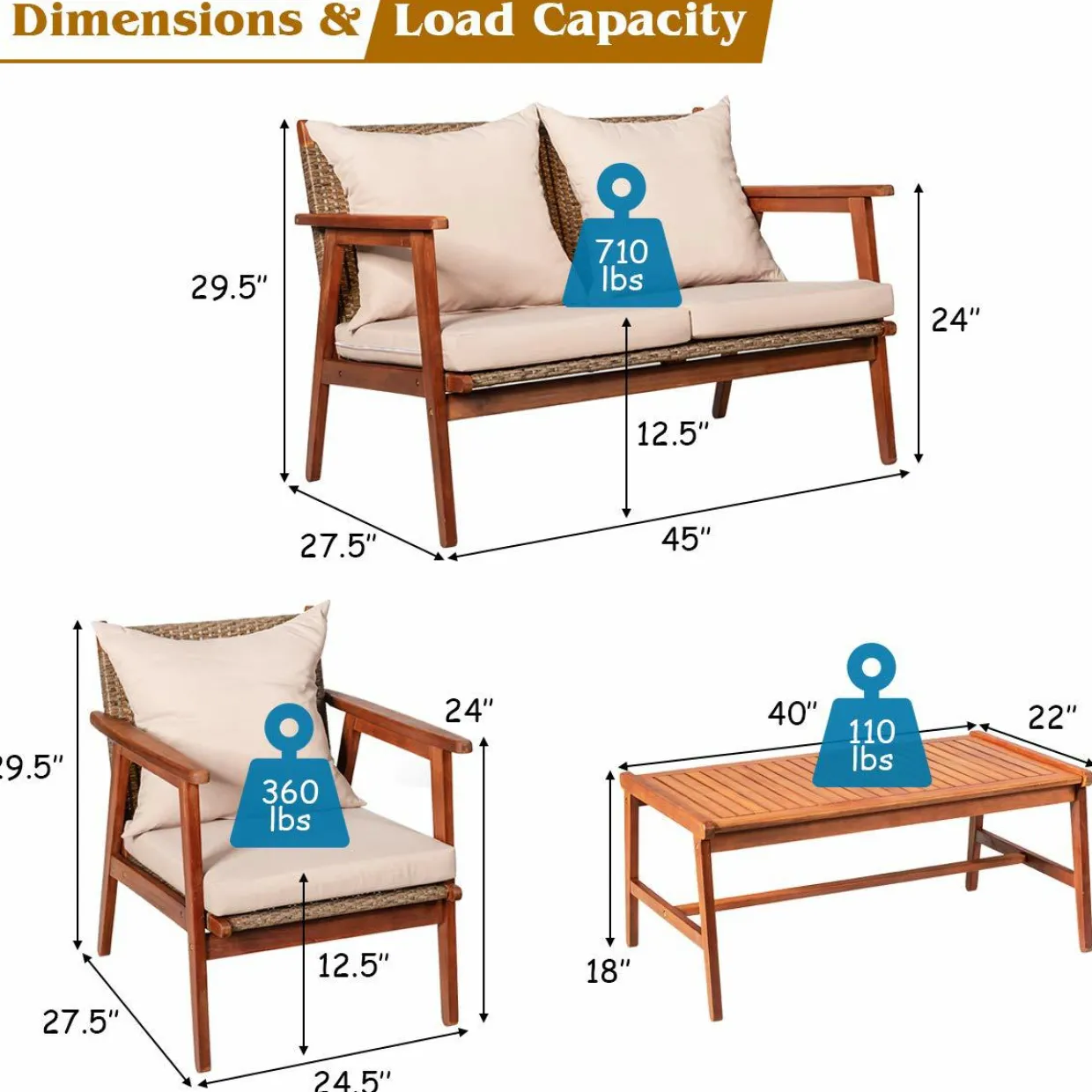4/8PCS Patio Wood Sofa Set, Outdoor Acacia Wood Seating Chat Set with Cushions & Coffee Table