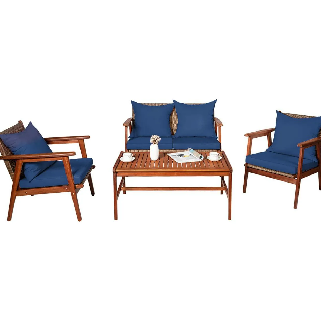 4/8PCS Patio Wood Sofa Set, Outdoor Acacia Wood Seating Chat Set with Cushions & Coffee Table