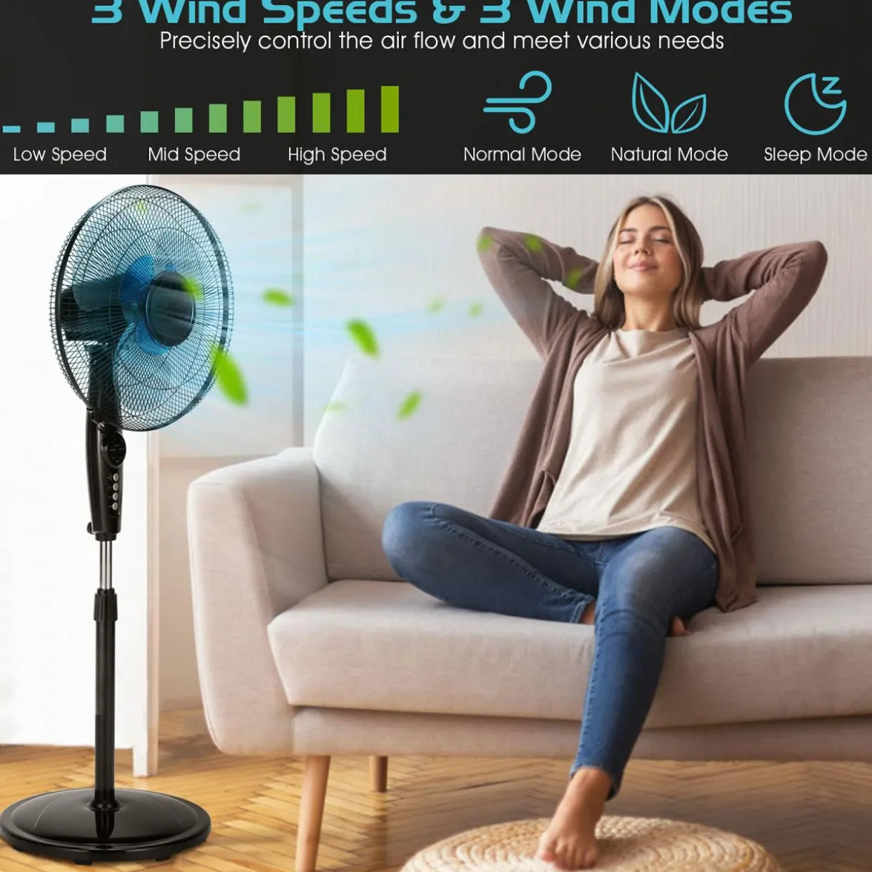 Pedestal Fan, 18 Inches Oscillating Standing Fan with Remote Control & 3 Speeds
