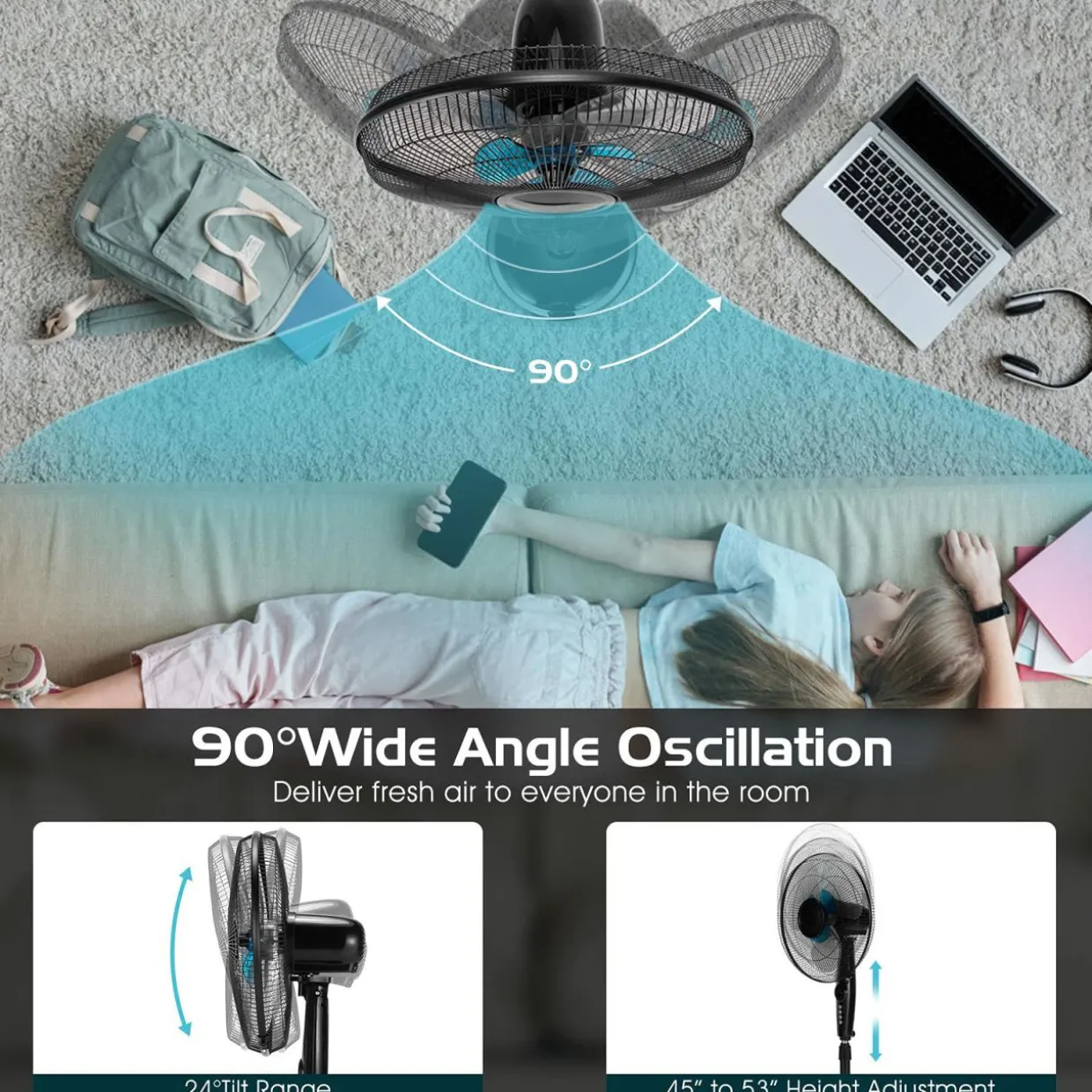 Pedestal Fan, 18 Inches Oscillating Standing Fan with Remote Control & 3 Speeds