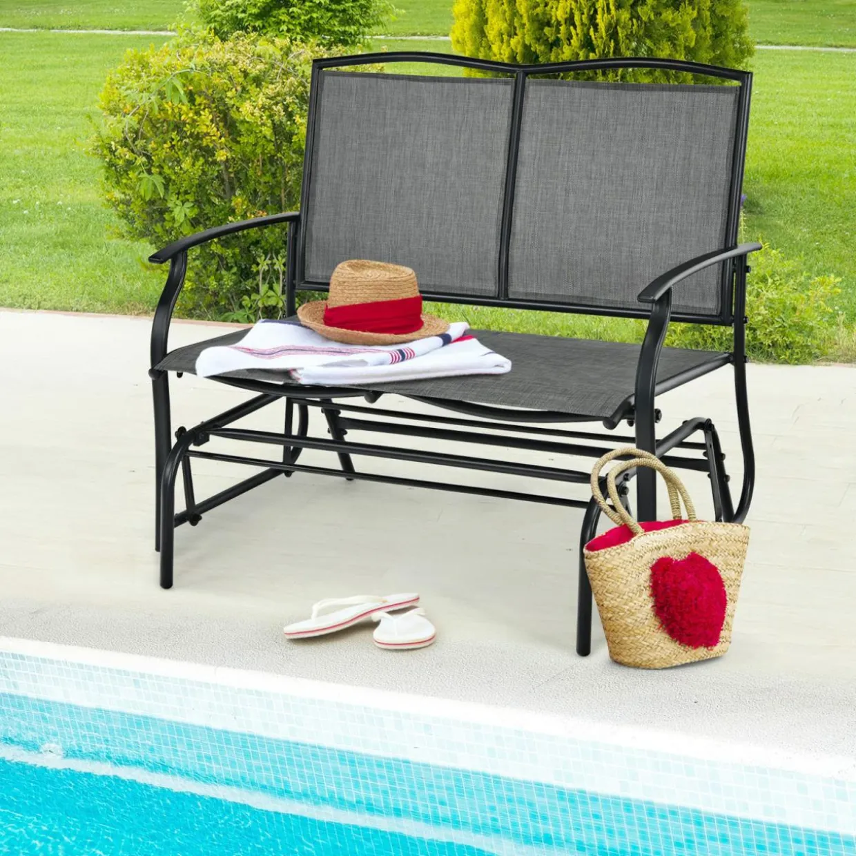 2-Person Patio Swing Glider Bench, Outdoor Rocker Glider Loveseat Chair