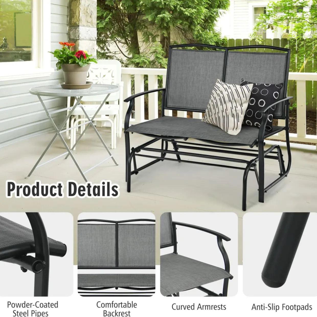 2-Person Patio Swing Glider Bench, Outdoor Rocker Glider Loveseat Chair