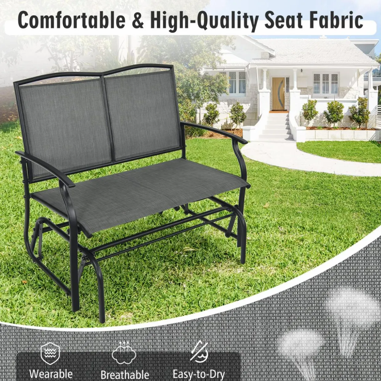 2-Person Patio Swing Glider Bench, Outdoor Rocker Glider Loveseat Chair