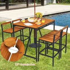 5-Piece Outdoor Acacia Wood Bar Table Set, Bar Height Outdoor and Rattan Dining Set