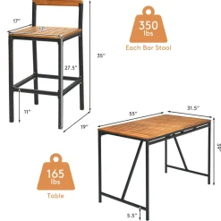 7-Piece Outdoor Acacia Wood Bar Set, Patiojoy Outdoor Rattan High-Dining 6 Bar Stools and 1 Rectangular Table with Umbrella Hole