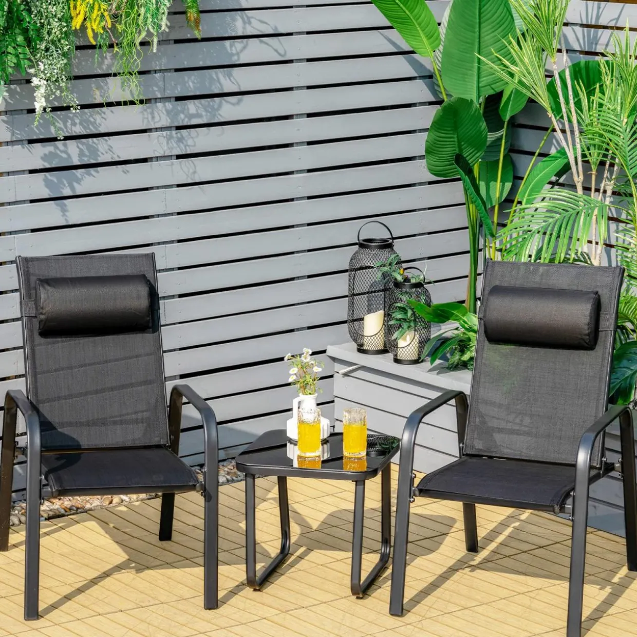 3 Piece Outdoor Bistro Set, Patio Stackable Chairs with Adjustable & Folding Backrest