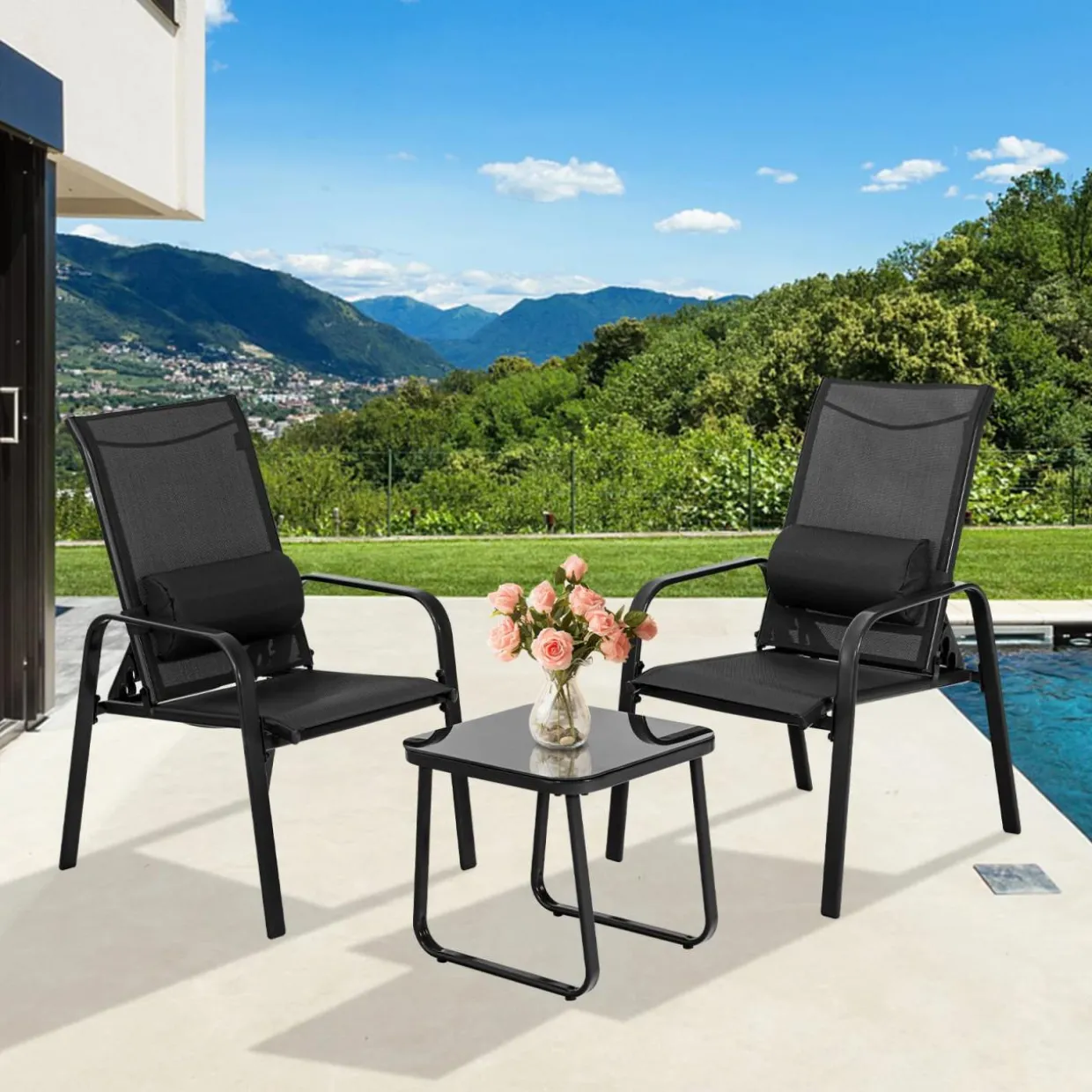 3 Piece Outdoor Bistro Set, Patio Stackable Chairs with Adjustable & Folding Backrest