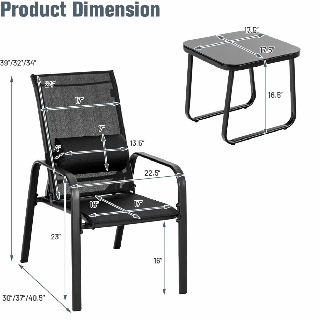 3 Piece Outdoor Bistro Set, Patio Stackable Chairs with Adjustable & Folding Backrest