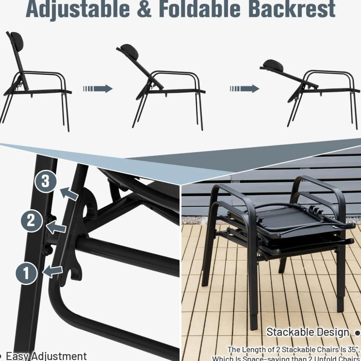 3 Piece Outdoor Bistro Set, Patio Stackable Chairs with Adjustable & Folding Backrest