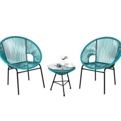 3 Piece Outdoor Patio Furniture Set, Acapulco Chair Set w/Plastic Rope, Tempered Glass Table