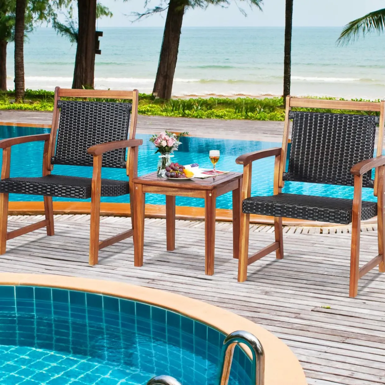 3-Piece Patio Acacia Wood Bistro Set, Patiojoy Outdoor Furniture Set with 2 Chairs & 1 Side Table