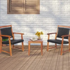 3-Piece Patio Acacia Wood Bistro Set, Patiojoy Outdoor Furniture Set with 2 Chairs & 1 Side Table