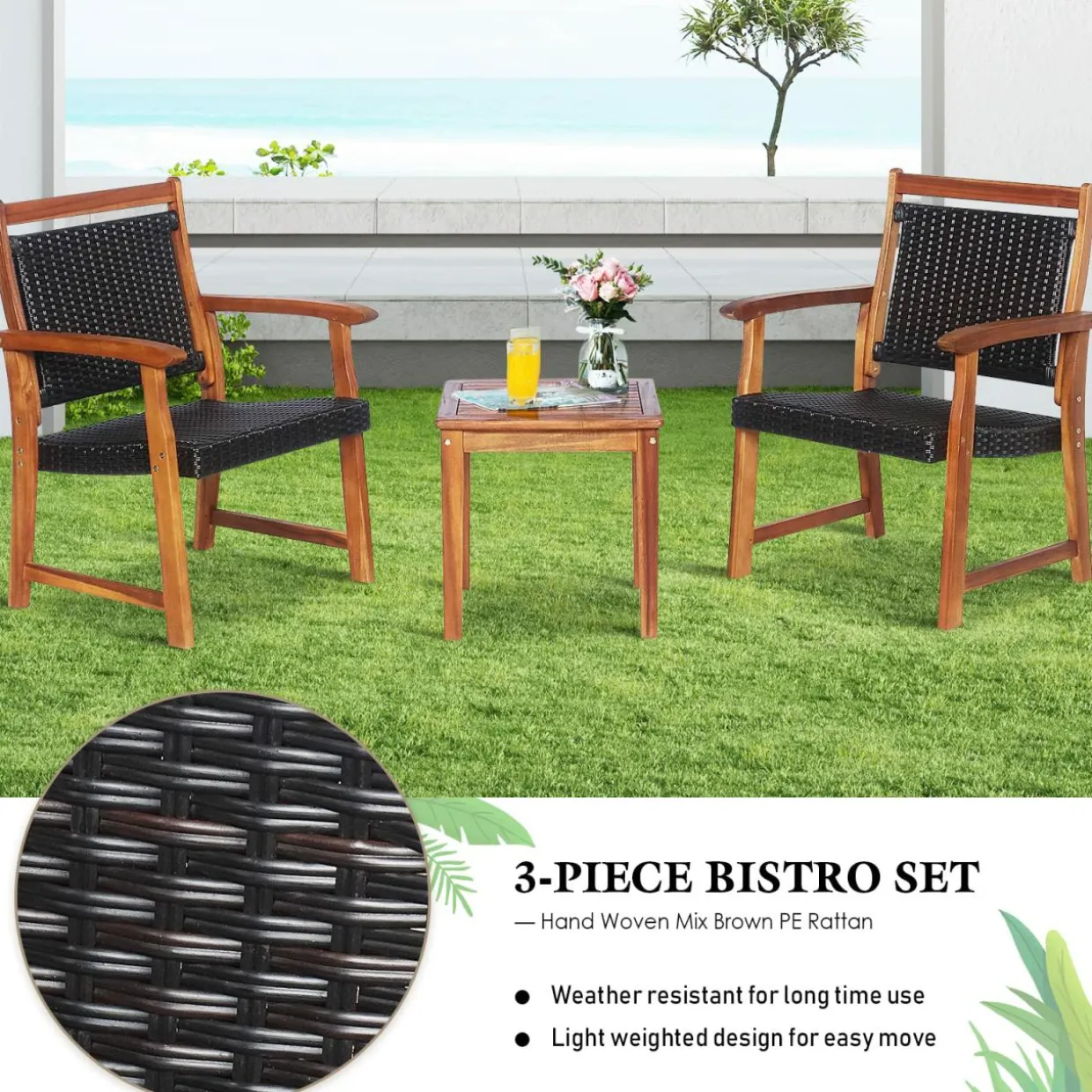 3-Piece Patio Acacia Wood Bistro Set, Patiojoy Outdoor Furniture Set with 2 Chairs & 1 Side Table