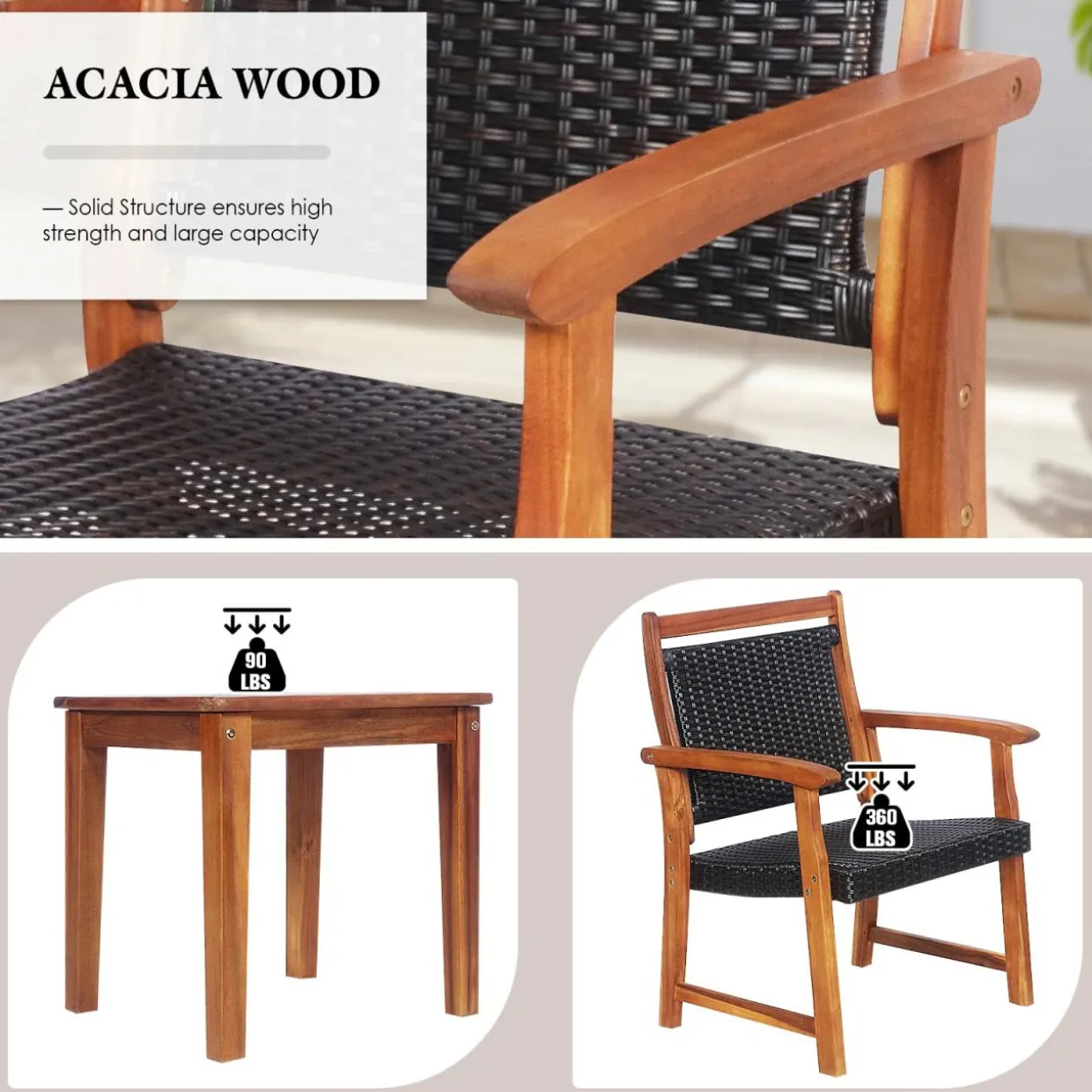 3-Piece Patio Acacia Wood Bistro Set, Patiojoy Outdoor Furniture Set with 2 Chairs & 1 Side Table
