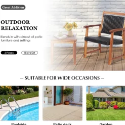 3-Piece Patio Acacia Wood Bistro Set, Patiojoy Outdoor Furniture Set with 2 Chairs & 1 Side Table