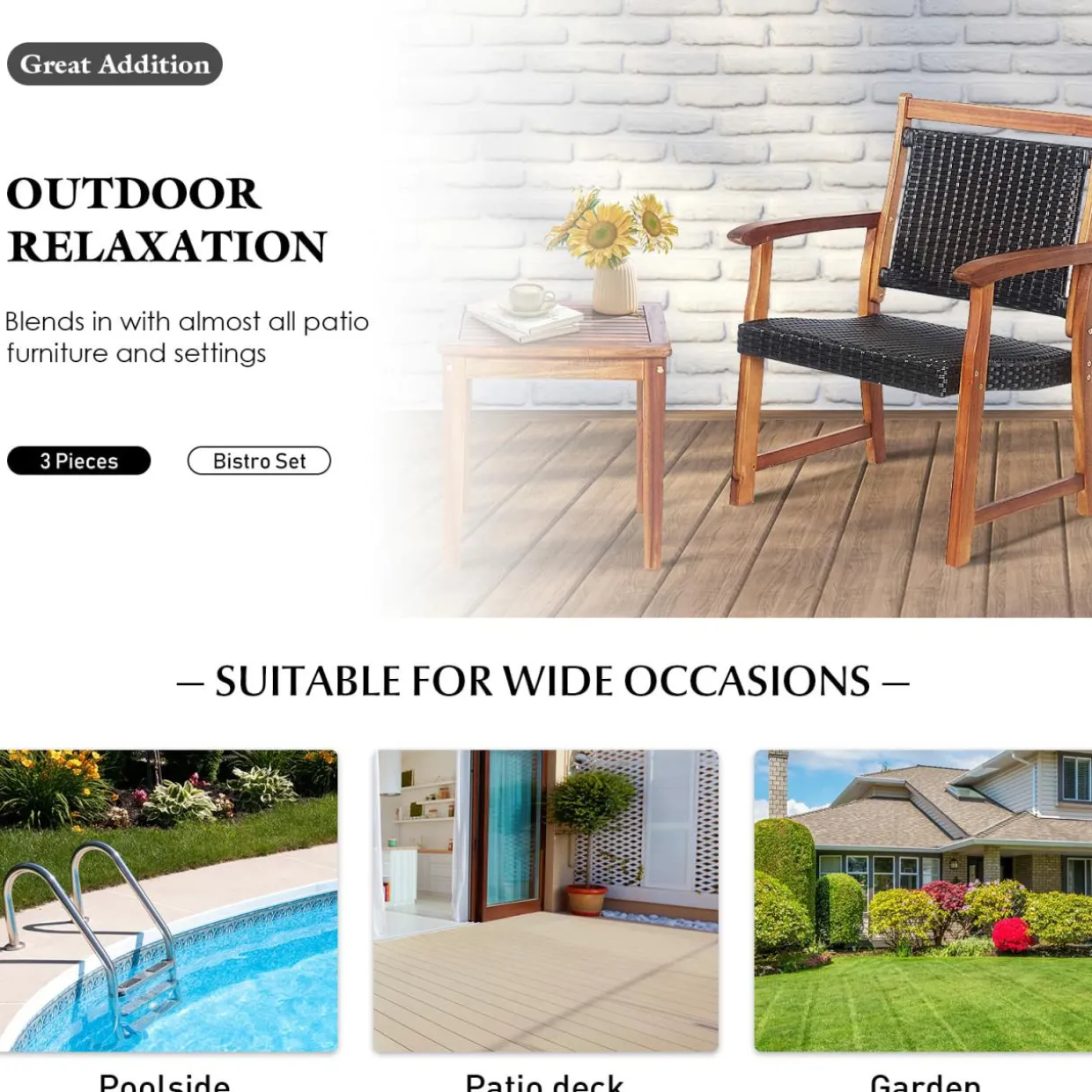 3-Piece Patio Acacia Wood Bistro Set, Patiojoy Outdoor Furniture Set with 2 Chairs & 1 Side Table