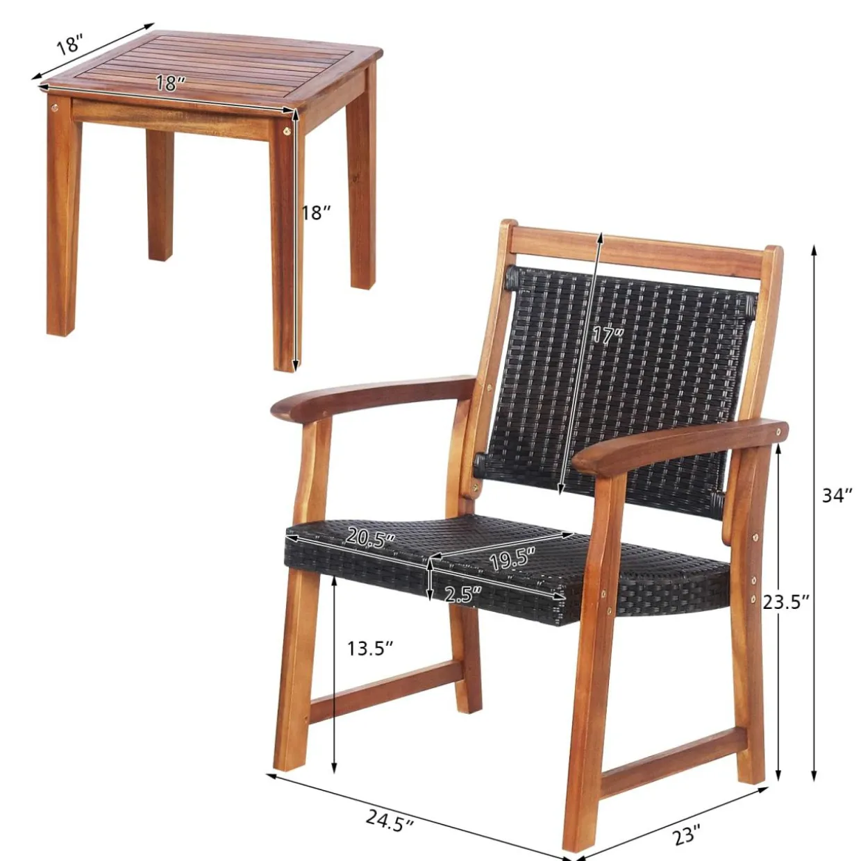 3-Piece Patio Acacia Wood Bistro Set, Patiojoy Outdoor Furniture Set with 2 Chairs & 1 Side Table
