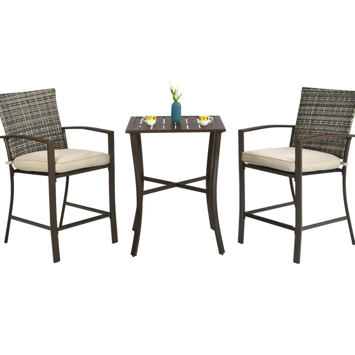 3 Piece Patio Bar Set, Outdoor Bar Stool Bistro Set w/ 27.5" Square Table, 2 Wicker Cushioned Chairs