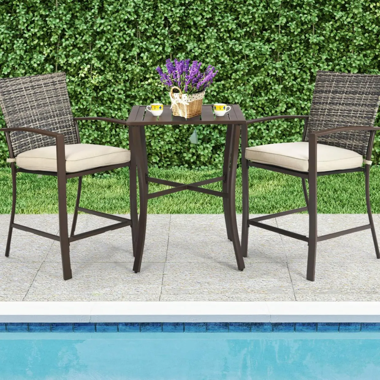 3 Piece Patio Bar Set, Outdoor Bar Stool Bistro Set w/ 27.5" Square Table, 2 Wicker Cushioned Chairs