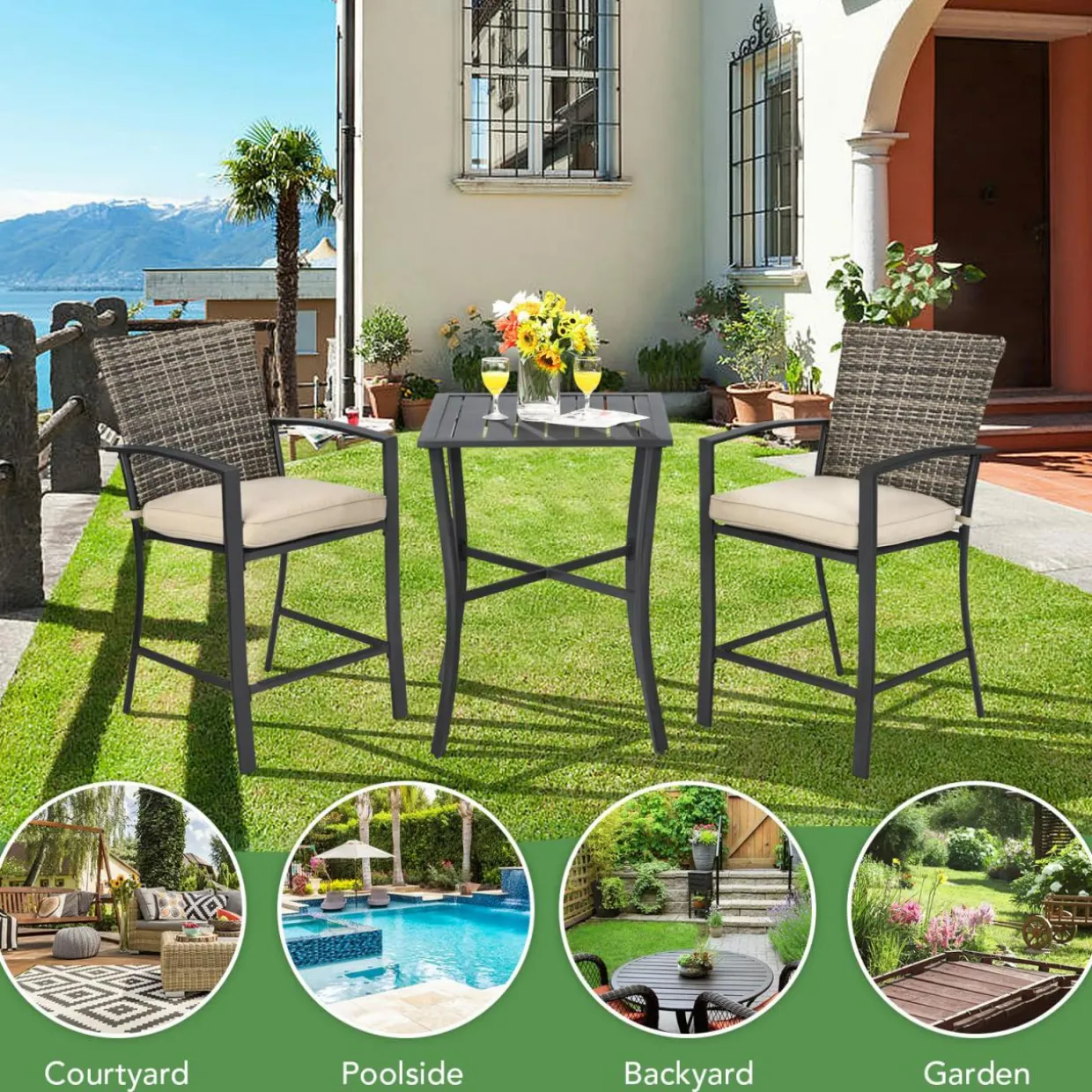 3 Piece Patio Bar Set, Outdoor Bar Stool Bistro Set w/ 27.5" Square Table, 2 Wicker Cushioned Chairs