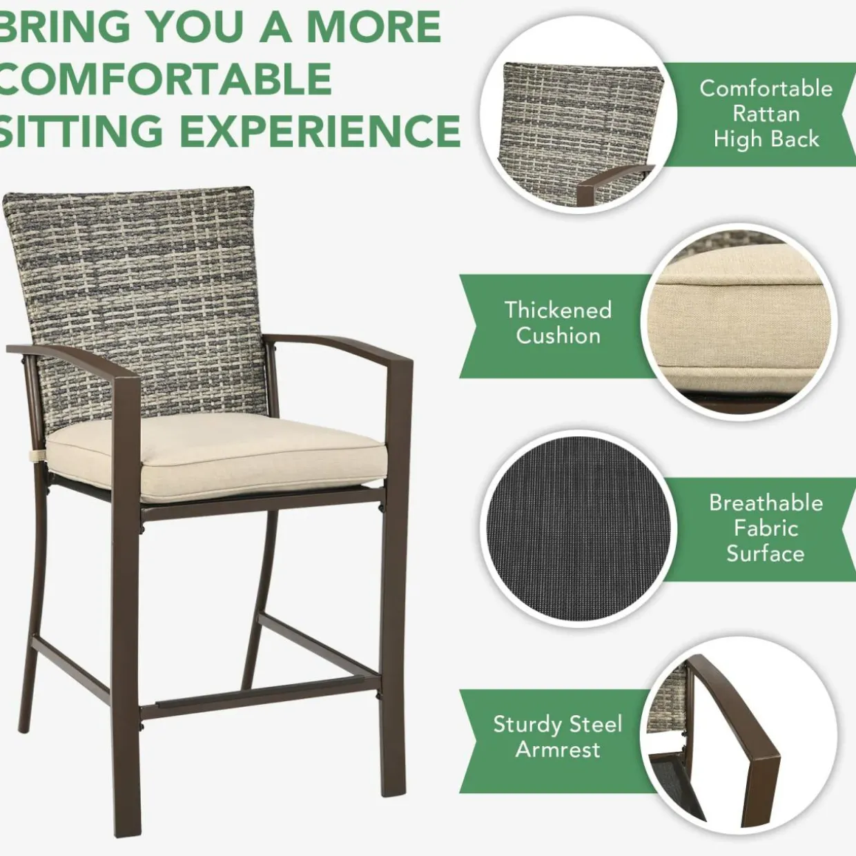 3 Piece Patio Bar Set, Outdoor Bar Stool Bistro Set w/ 27.5" Square Table, 2 Wicker Cushioned Chairs