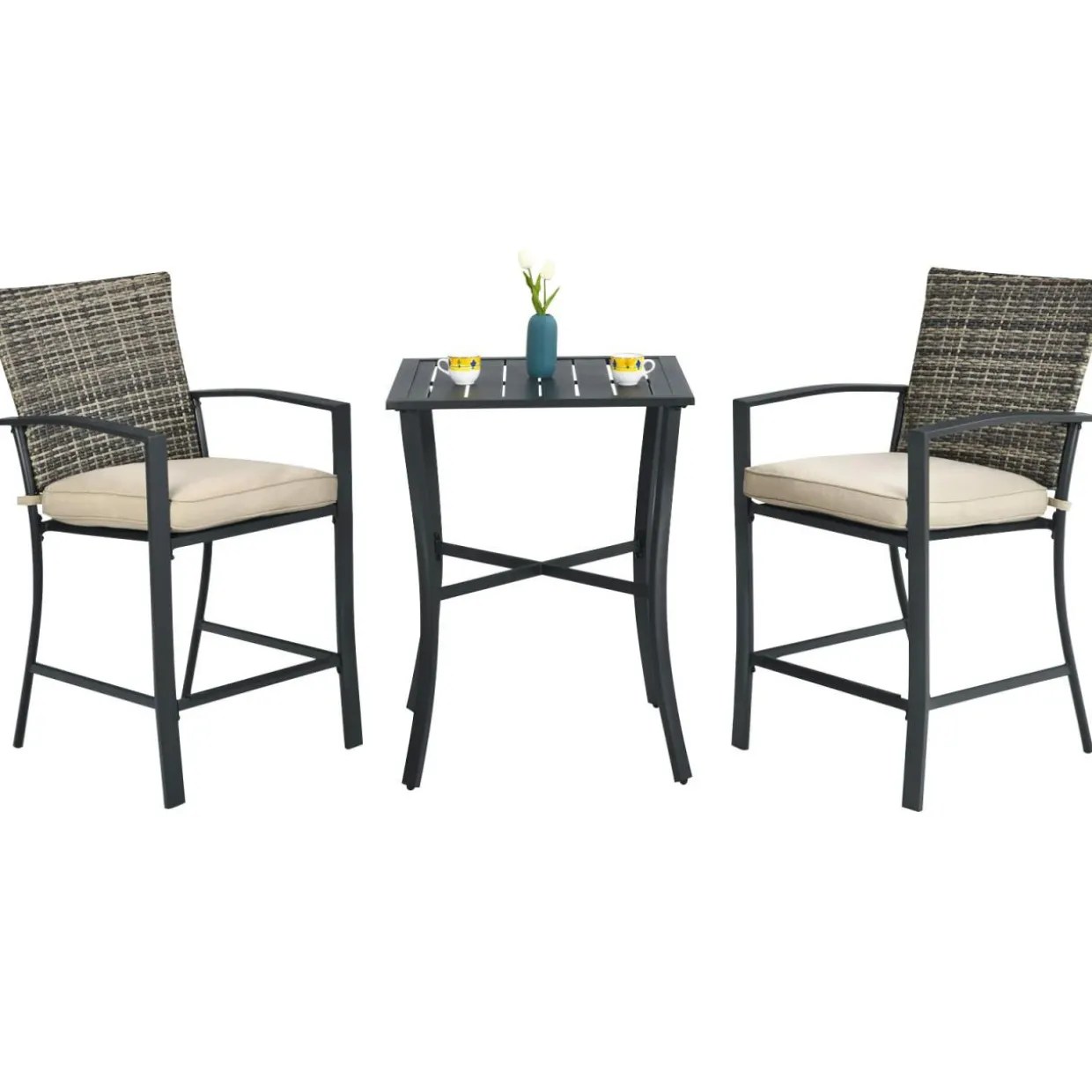 3 Piece Patio Bar Set, Outdoor Bar Stool Bistro Set w/ 27.5" Square Table, 2 Wicker Cushioned Chairs