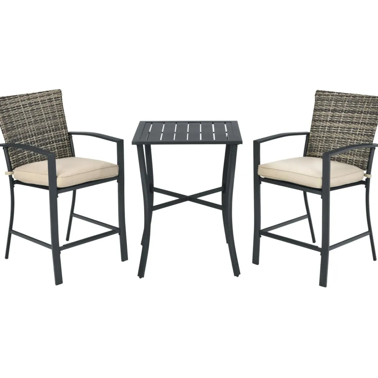 3 Piece Patio Bar Set, Outdoor Bar Stool Bistro Set w/ 27.5" Square Table, 2 Wicker Cushioned Chairs