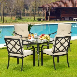 4-Piece Patio Dining Chairs, No Assembly Needs, Cushioned Armchairs with Anti-Rust Steel Frame