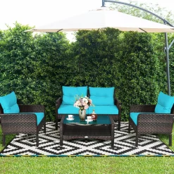 4 Piece Patio Furniture Set, Outdoor Wicker Conversation Set with Glass Top Coffee Table