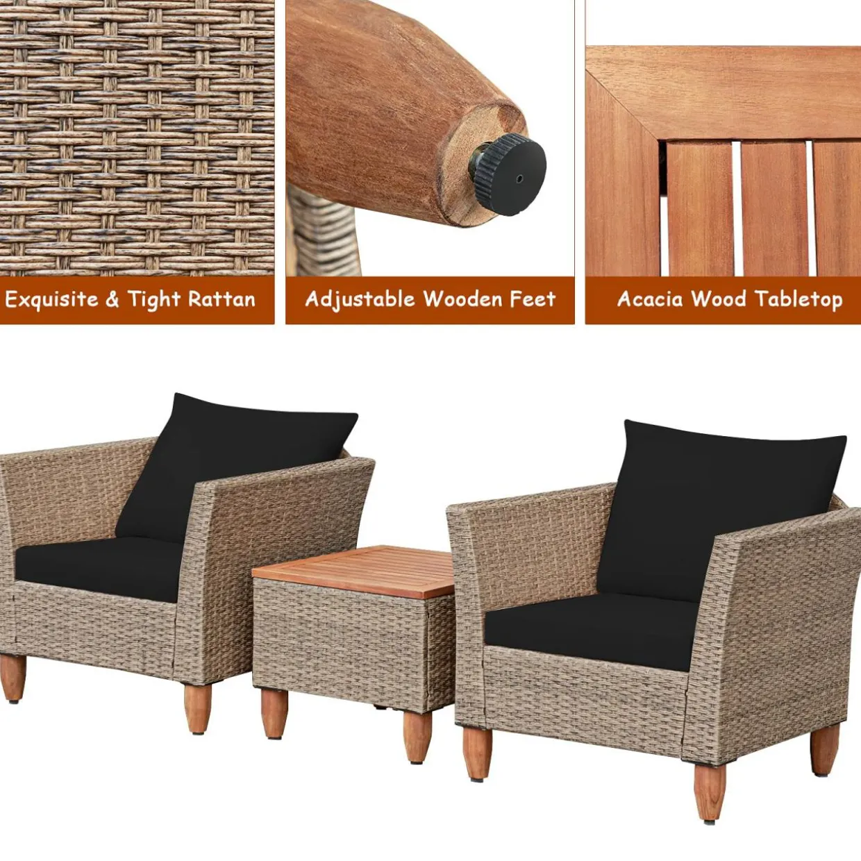 3 Piece Patio Furniture Set, Outdoor Wicker Rattan Bistro Sofa Set
