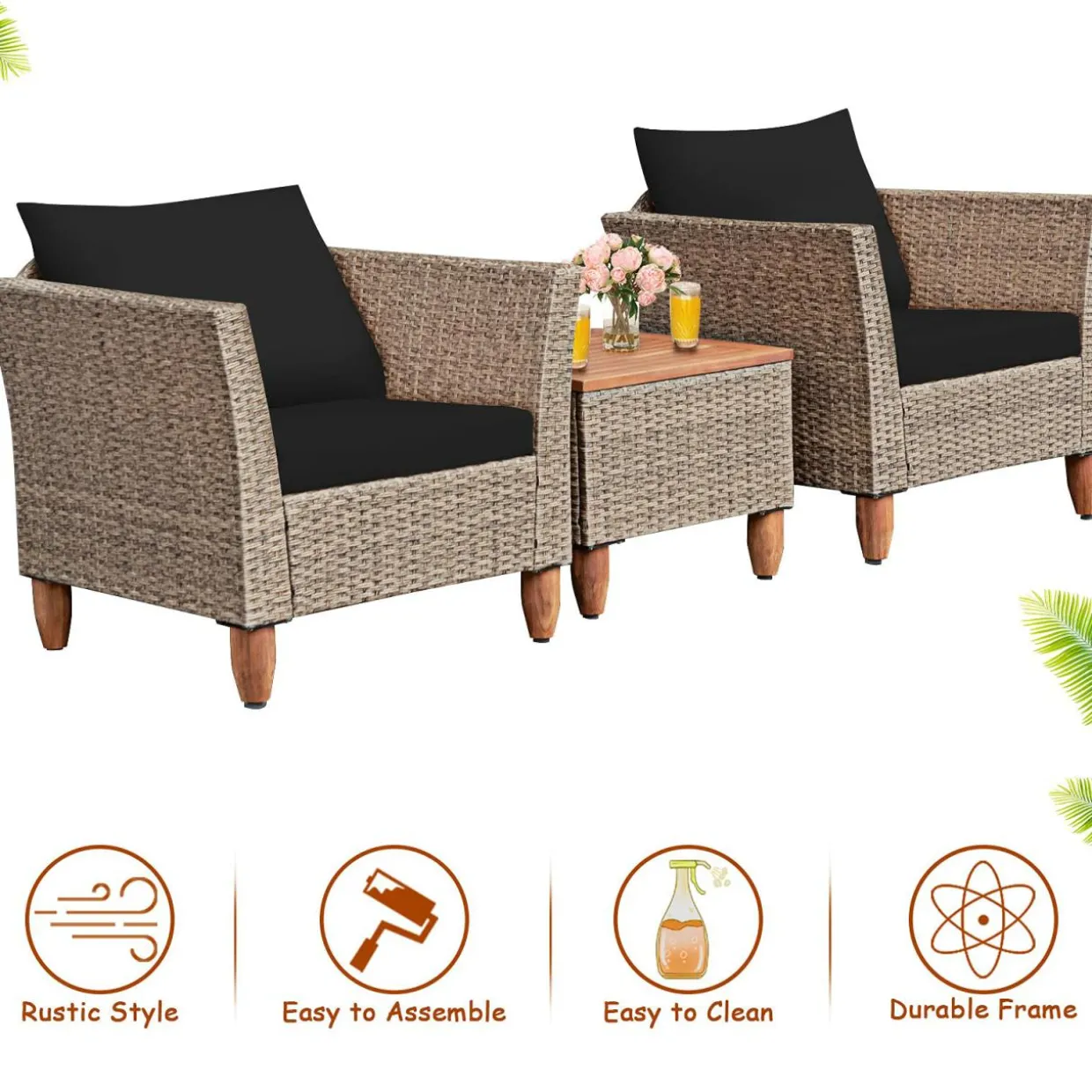 3 Piece Patio Furniture Set, Outdoor Wicker Rattan Bistro Sofa Set