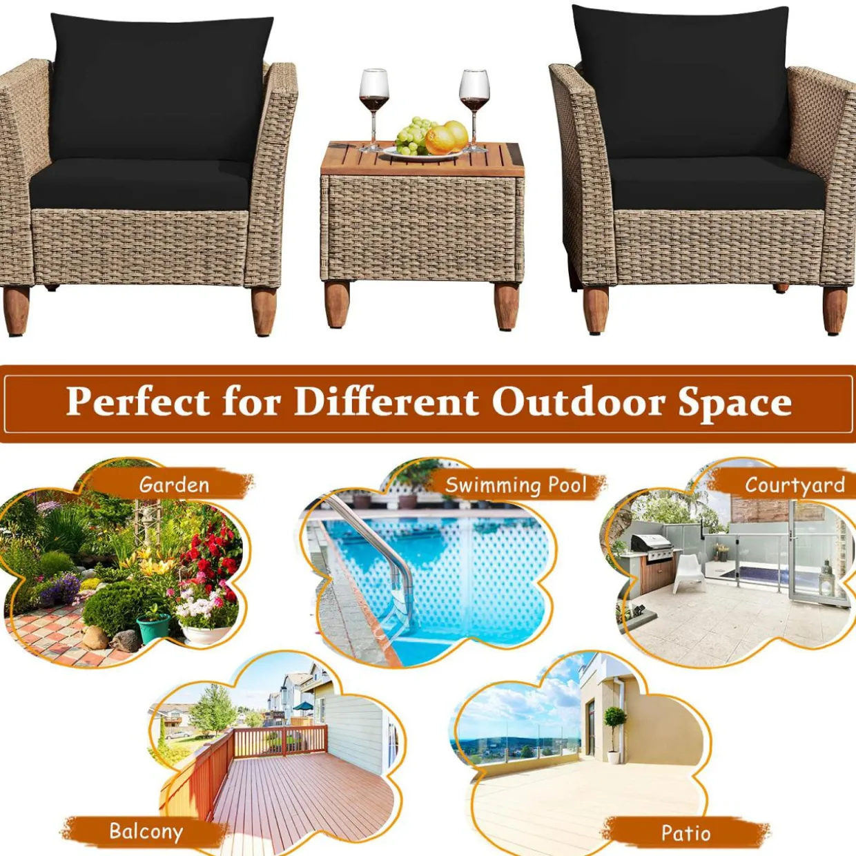 3 Piece Patio Furniture Set, Outdoor Wicker Rattan Bistro Sofa Set