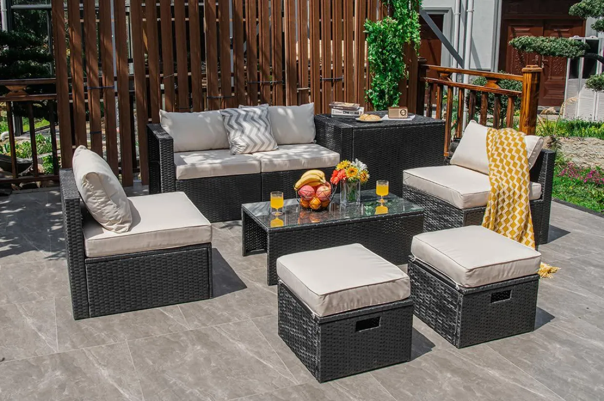 8-Piece Patio Furniture Set with Cover, 2 Ottomans, 2 Armless Sofas & Corner Sofas