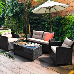 4-Piece Patio Furniture Set, Rattan Wicker Chair Set with 1 Loveseat, 2 Single Sofas
