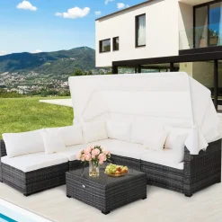 6-Piece Patio Furniture Set w/Retractable Canopy, Outdoor Conversation Set