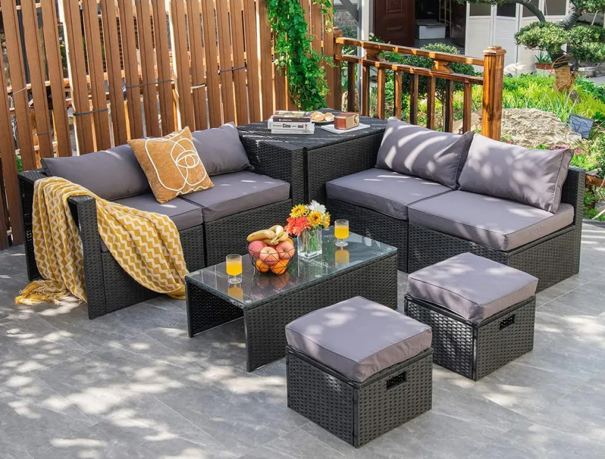 8-Piece Patio Furniture Set with Cover, 2 Ottomans, 2 Armless Sofas & Corner Sofas