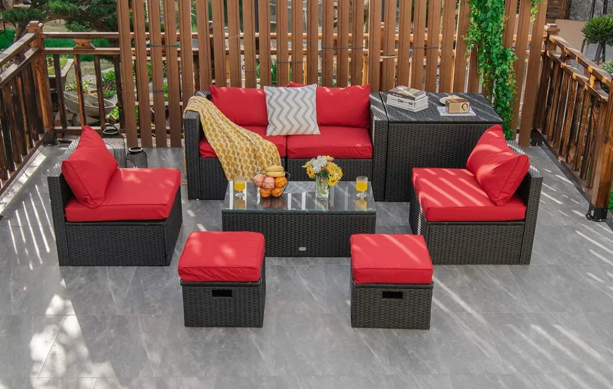 8-Piece Patio Furniture Set with Cover, 2 Ottomans, 2 Armless Sofas & Corner Sofas
