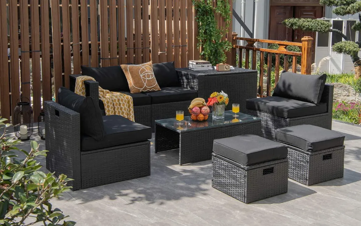 8-Piece Patio Furniture Set with Cover, 2 Ottomans, 2 Armless Sofas & Corner Sofas