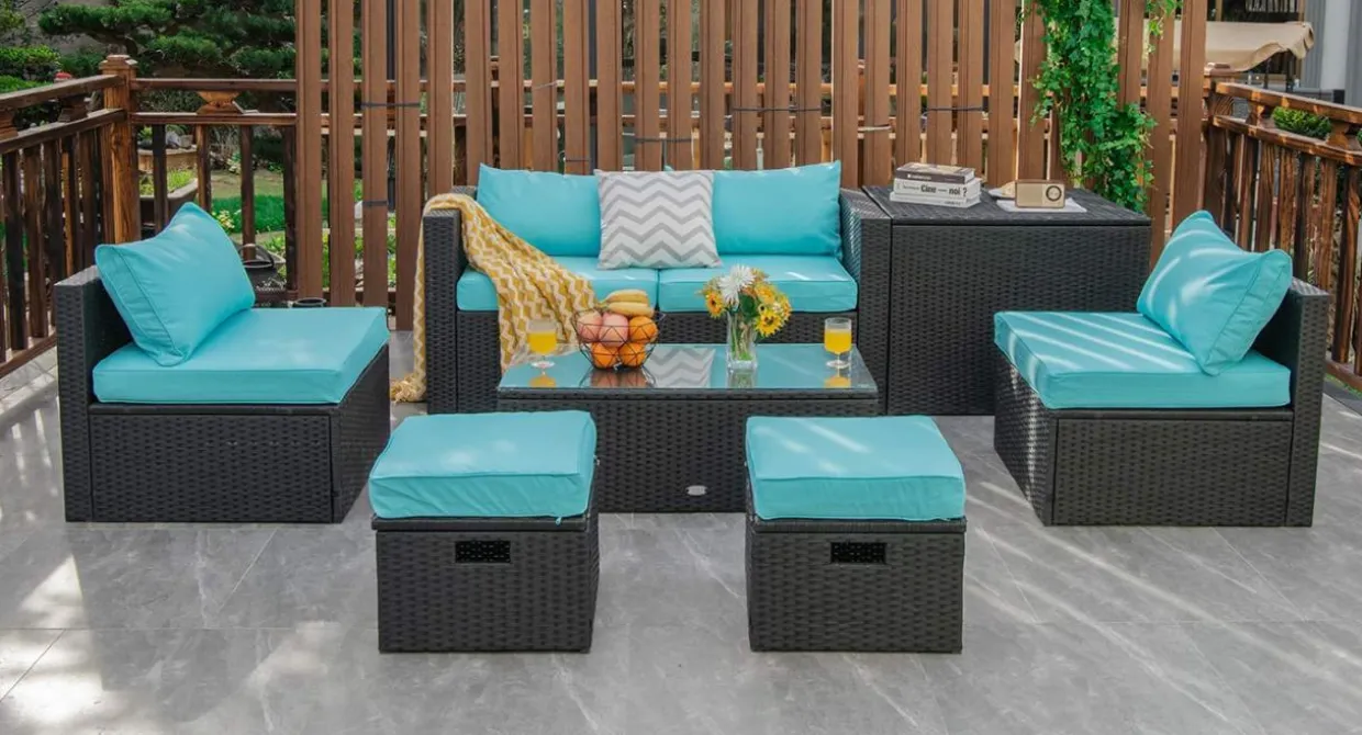 8-Piece Patio Furniture Set with Cover, 2 Ottomans, 2 Armless Sofas & Corner Sofas