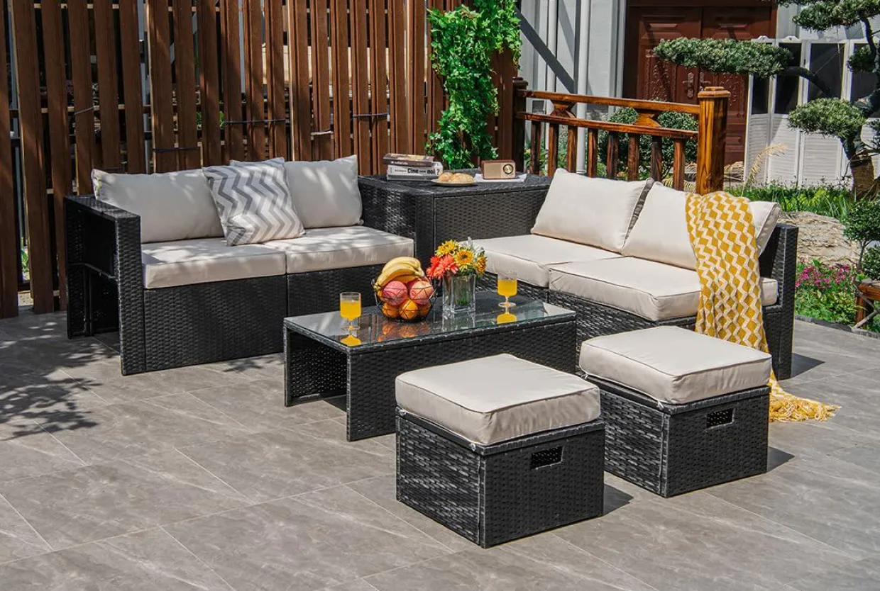 8-Piece Patio Furniture Set with Cover, 2 Ottomans, 2 Armless Sofas & Corner Sofas