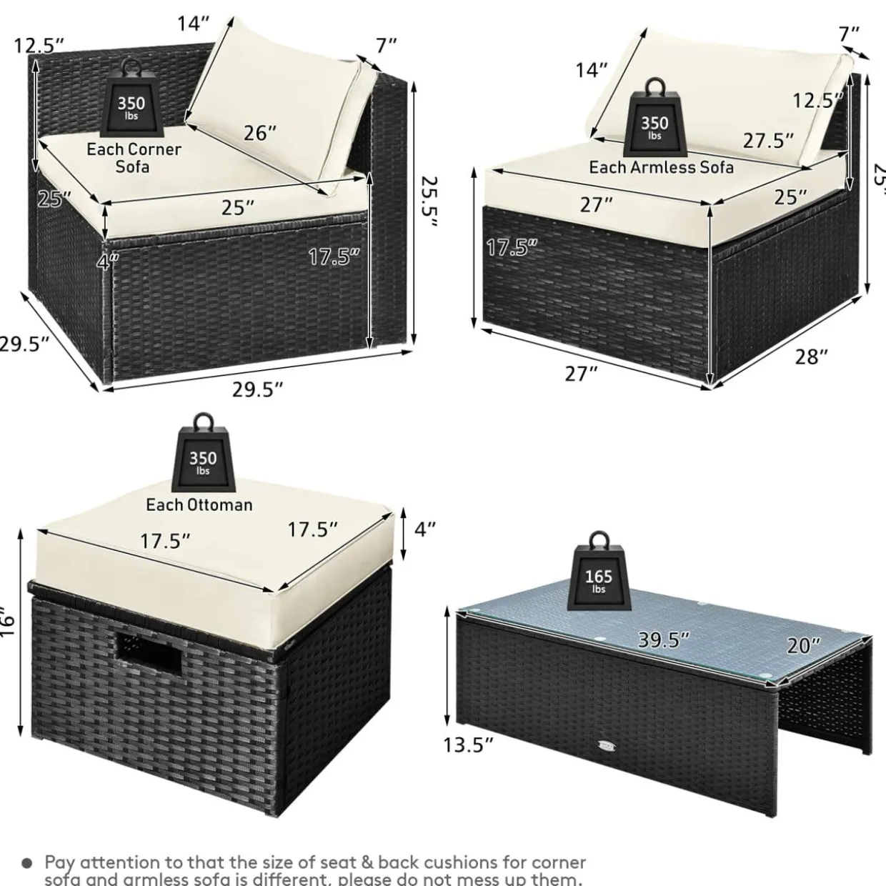 8-Piece Patio Furniture Set with Cover, 2 Ottomans, 2 Armless Sofas & Corner Sofas