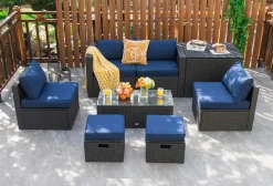 8-Piece Patio Furniture Set with Cover, 2 Ottomans, 2 Armless Sofas & Corner Sofas