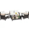 4 Piece Patio Rattan Conversation Set, Outdoor Wicker Sofa Set W/2-Layer Coffee Table