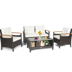 4 Piece Patio Rattan Conversation Set, Outdoor Wicker Sofa Set W/2-Layer Coffee Table
